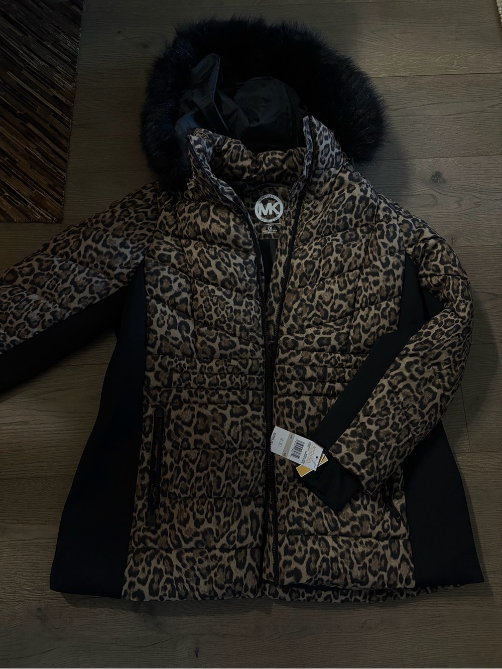 Michael Kors Slimming Leopard Print Puffer Jacket with Faux Fur Hood MK